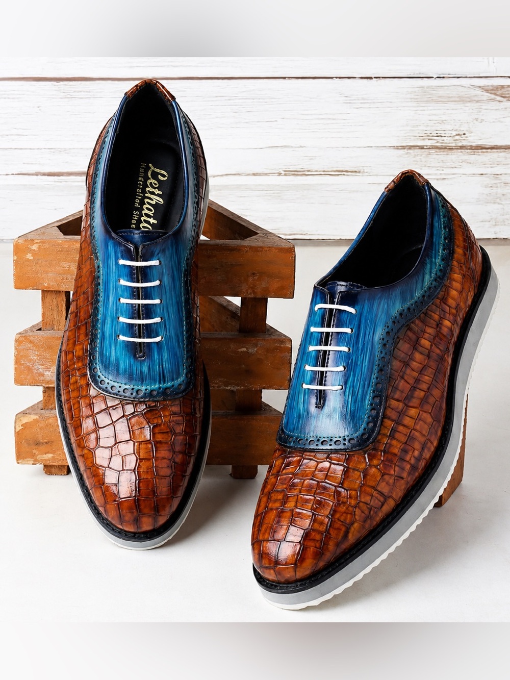 Lethato Two Tone Croc Embossed Leather Derby Oxfords Brown & Navy Men’s Size 8